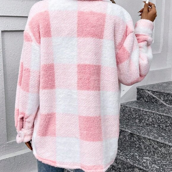 Pink Casual Women's Plaid Soft Fur Regular Fit Coat - Picture 2 of 4